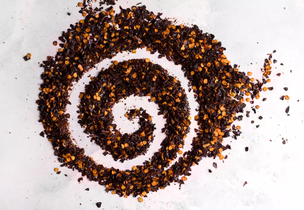 Close up of ground Ancho chile powder.  Although this is more commonly used and associated with Mexican cuisine, it is a good Kashmiri powder substitute because of its comparable heat and smoky flavor