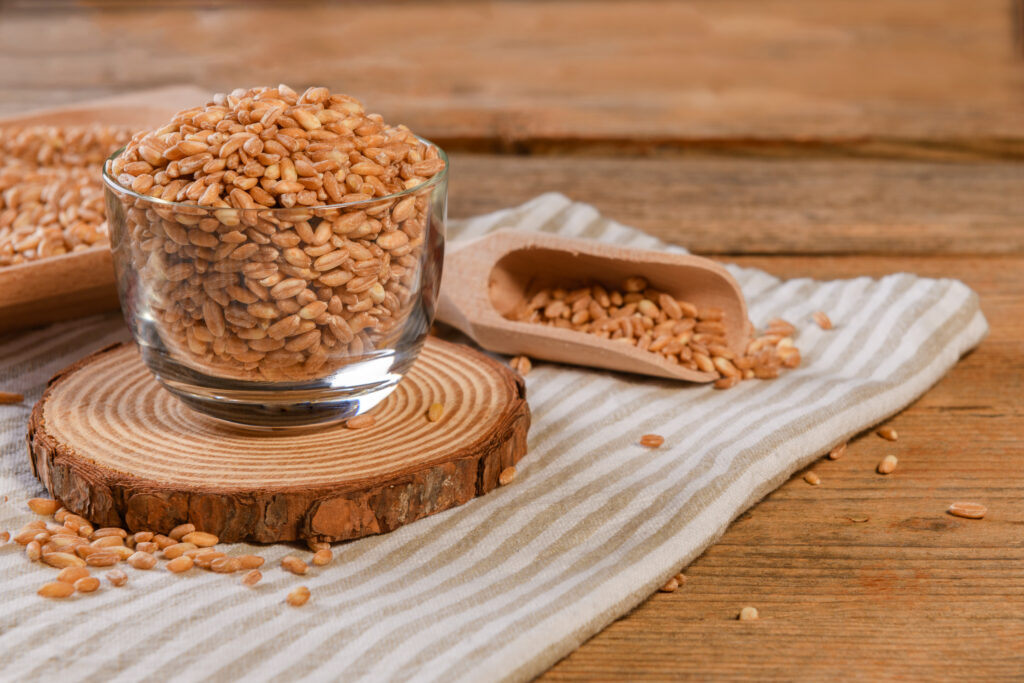 Close up photo of uncooked, raw farro in a bowl 