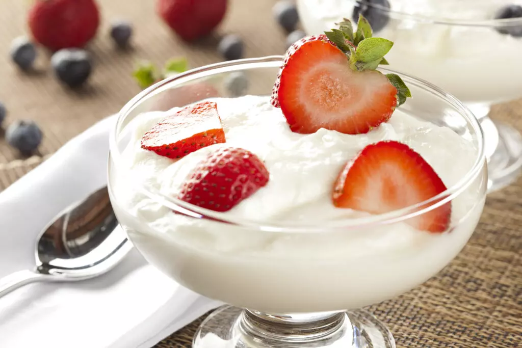 Bowl of greek yogurt with strawberries