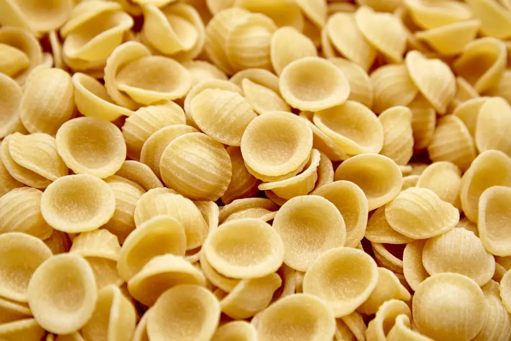 Close up photo of the dome shaped orecchiette pasta.