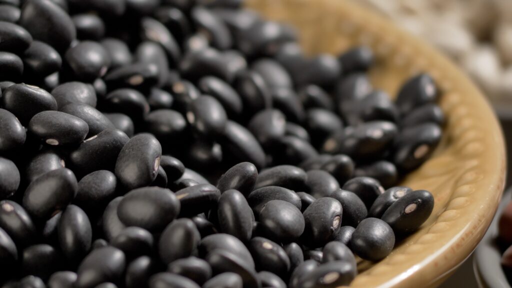 Close up of raw black beans in a bowl.  Black beans work best as a substitute for chickpeas in dips.