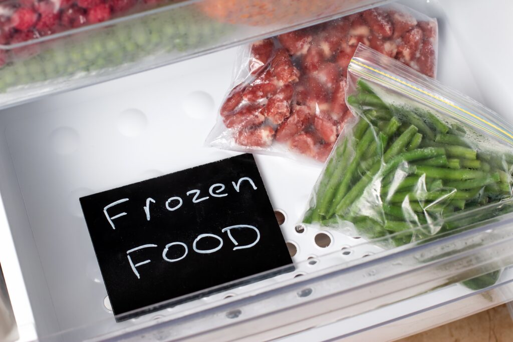 Frozen green beans in a freezer bag