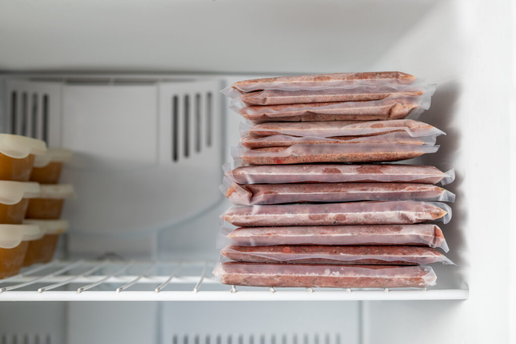 Ground turkey in vacuum sealed freezer bags in the freezer.  It is important to follow the proper steps on how to thaw ground turkey. 