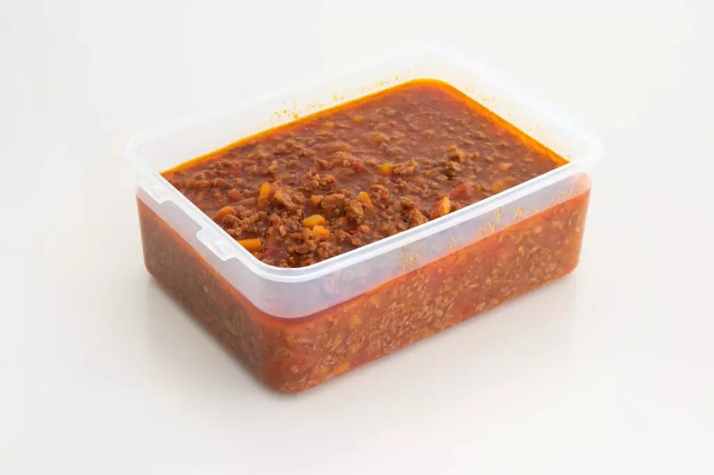 Pasta sauce in a freezer storage container.  Depending on the type of sauce, you can expect your pasta sauce to last between 3 and 6 months in the freezer.