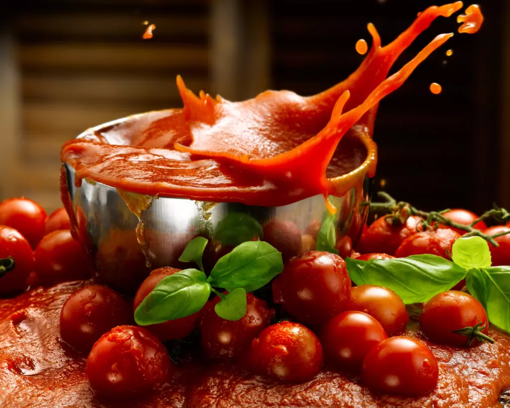 Pasta sauce splattering in a bowl surrounded by tomatoes.