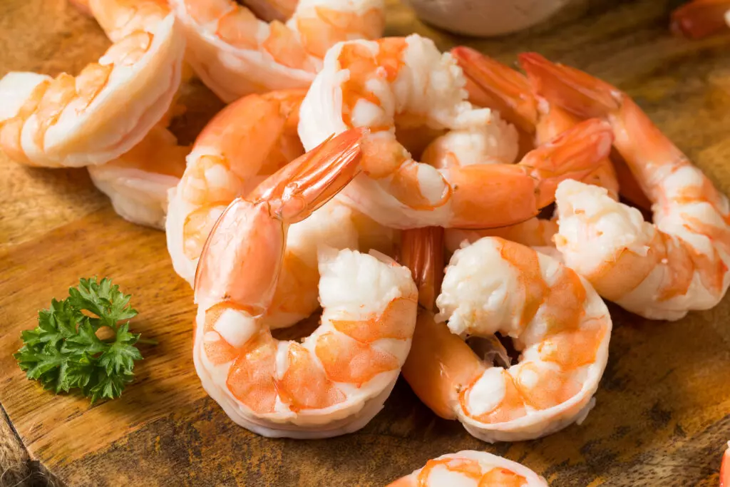 Close up of poached shrimp.  My preference is poached shrimp for Boston Rolls.