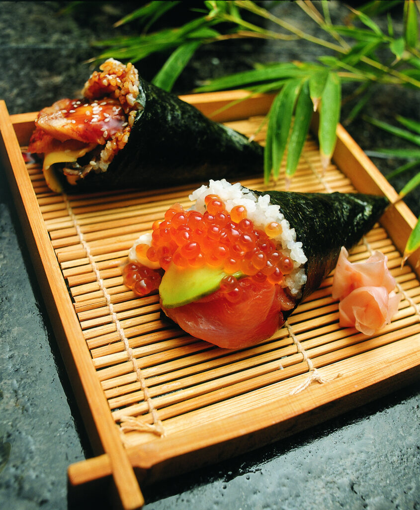 Tamaki sushi on a bamboo platter