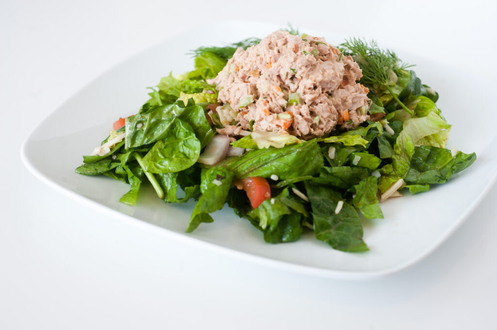 Tuna salad on a lettuce salad.  The best way to thaw a tuna salad is in the fridge.