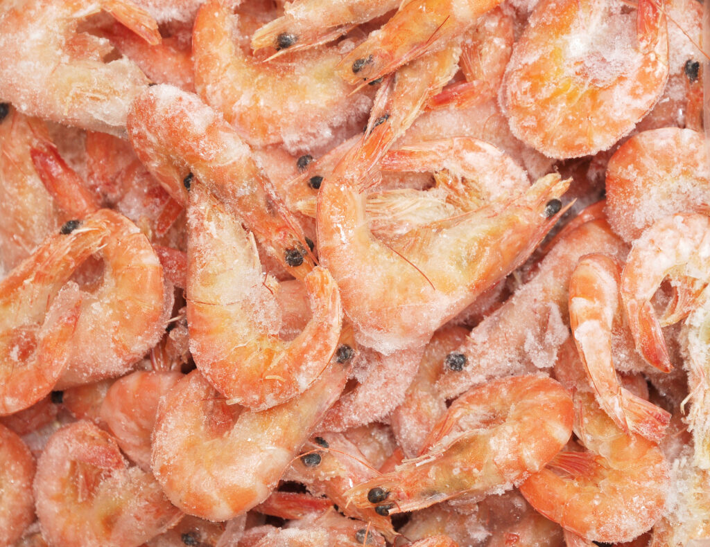 Frozen whole shrimp.  You can thaw frozen shrimp by leaving in the fridge overnight or by soaking freezer package in cold water