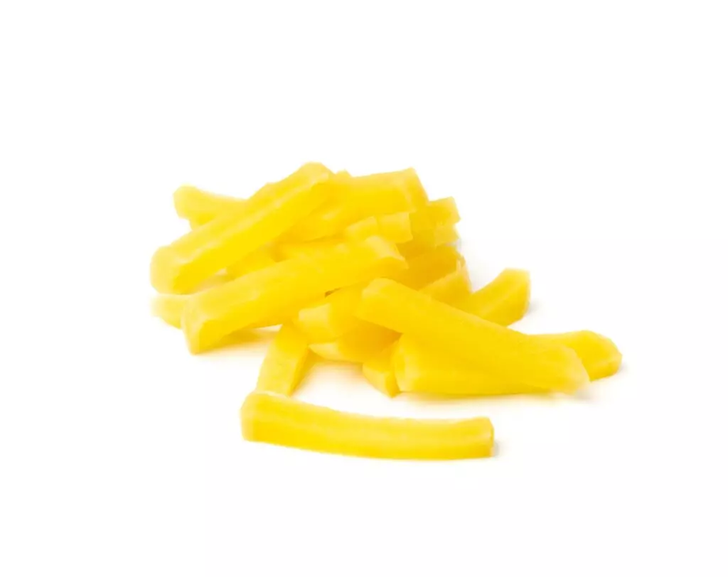 Strips of yellow pickled radish, or oshinko.