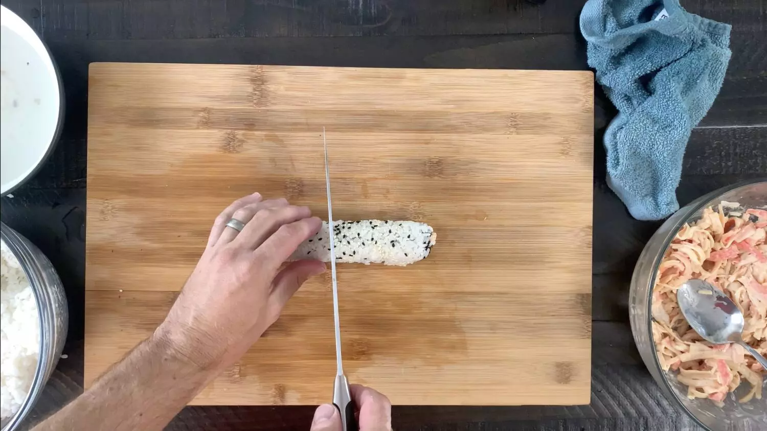 Cutting the spicy crab roll