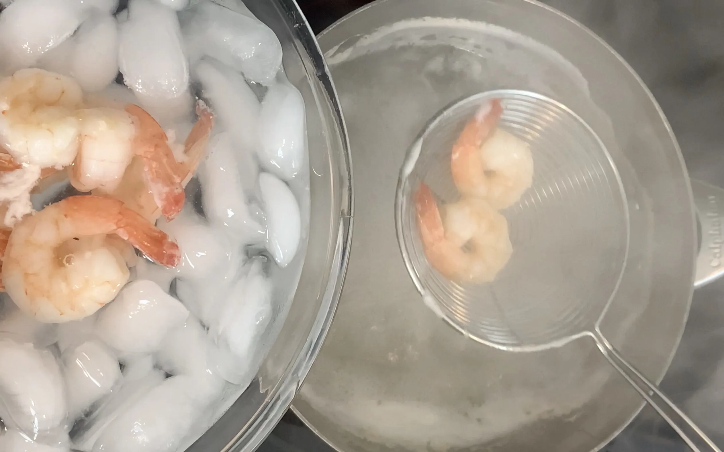 Adding shrimp to ice bowl for Boston rolls
