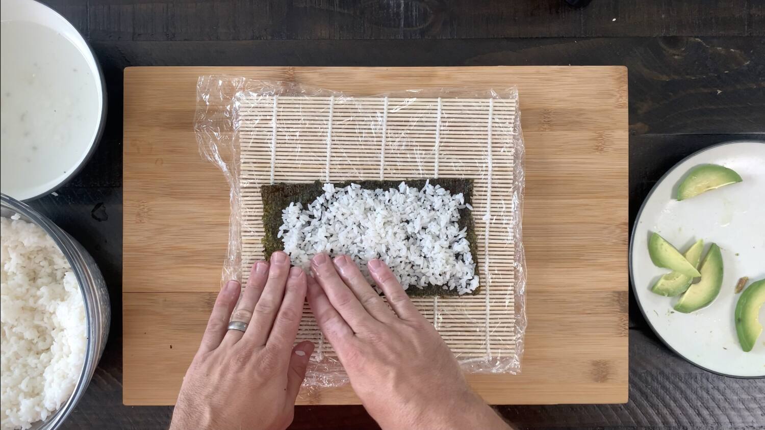 Spread the rice over the nori sheet for the California roll