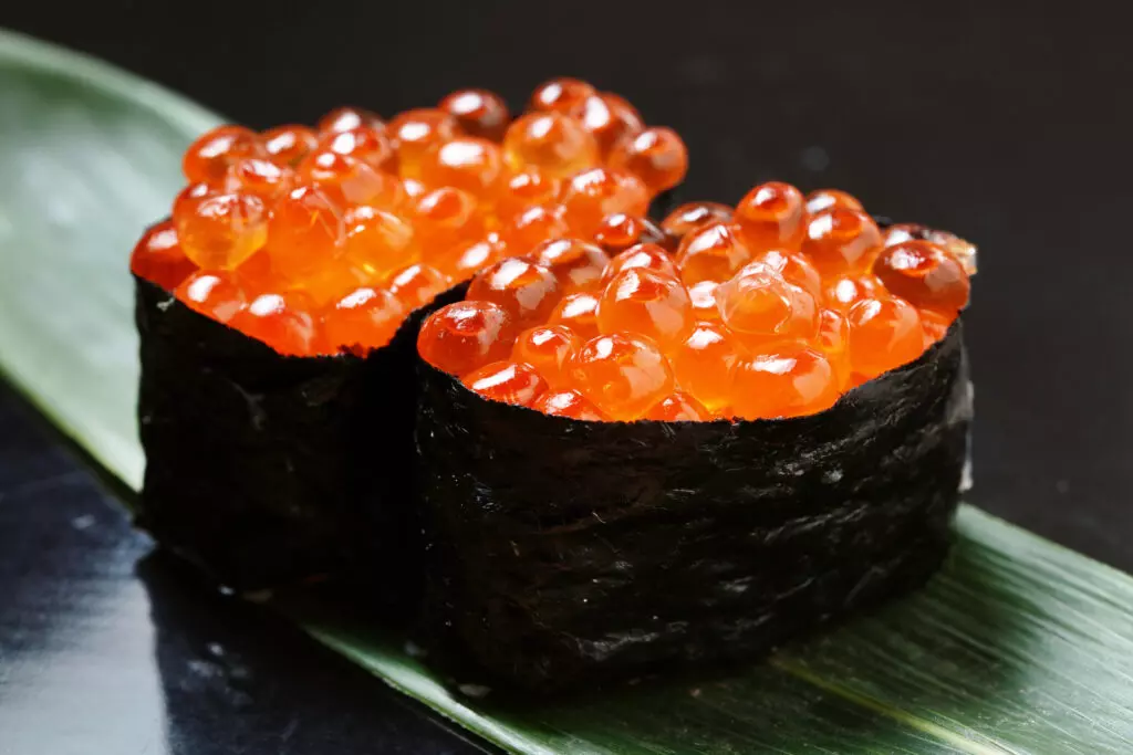 Close up shot of ikura sushi