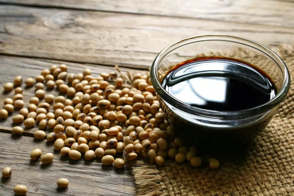 Soy sauce in a bowl with soy beans