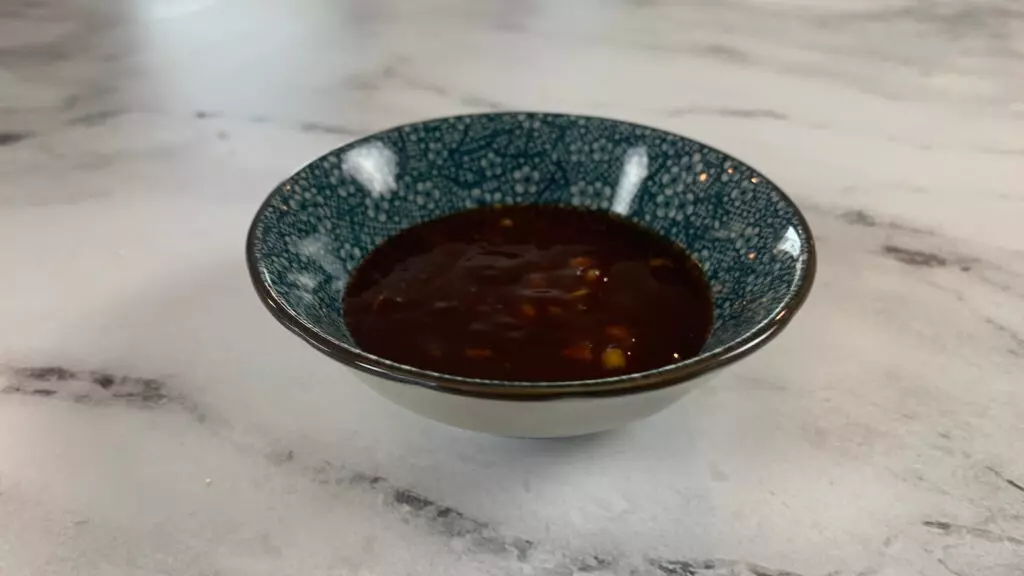 Finished katsu sauce in a dipping bowl. 