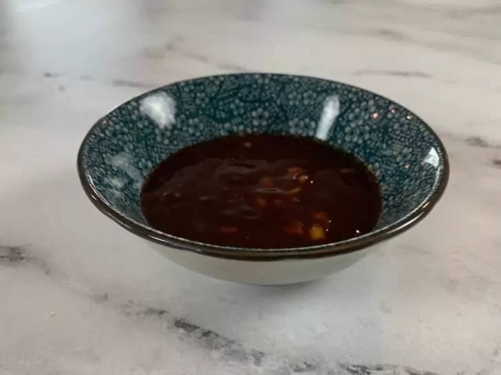 Katsu sauce in a blue bowl