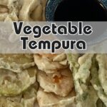 Vegetable tempura assortment on a white plate with tempura dipping sauce (tentsuyu)