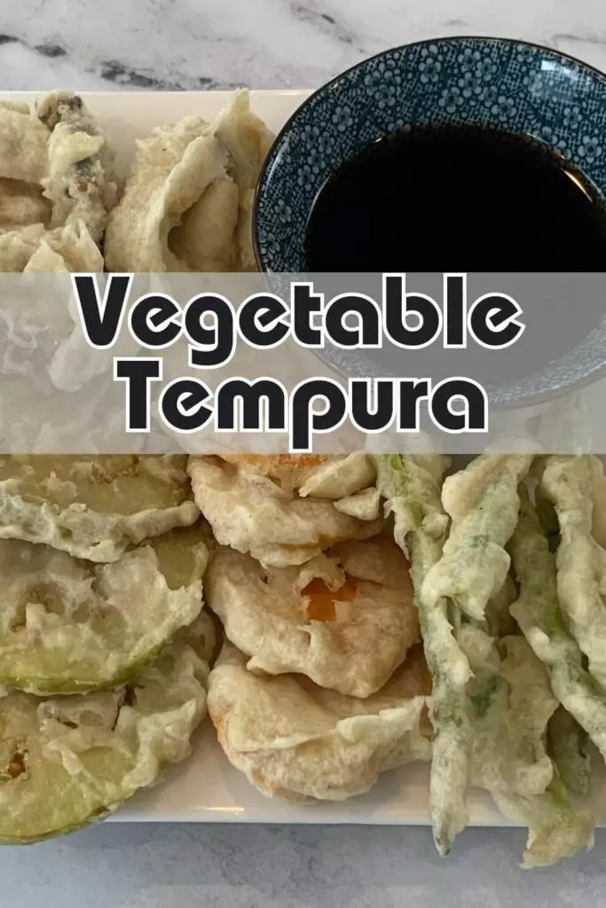 Close up vegetable tempura vertical picture on a square plate with a bowl of tempura dipping sauce (tentsuyu).