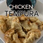 Finished Chicken Tempura on a white plate with tentsuyu.