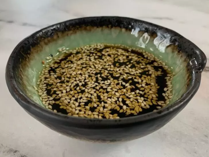 Yakiniku sauce (Japanese barbecue sauce) in a green dipping bowl