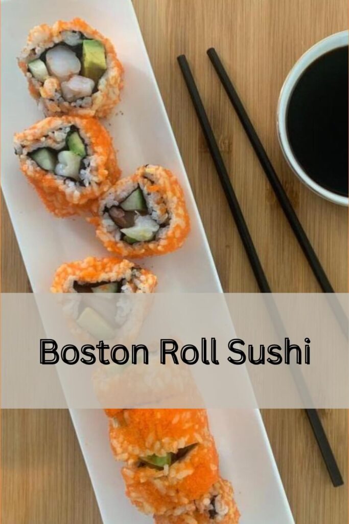 Boston roll sushi arranged on a white plate on a bamboo cutting board with black chopsticks and a ramekin of soy sauce.