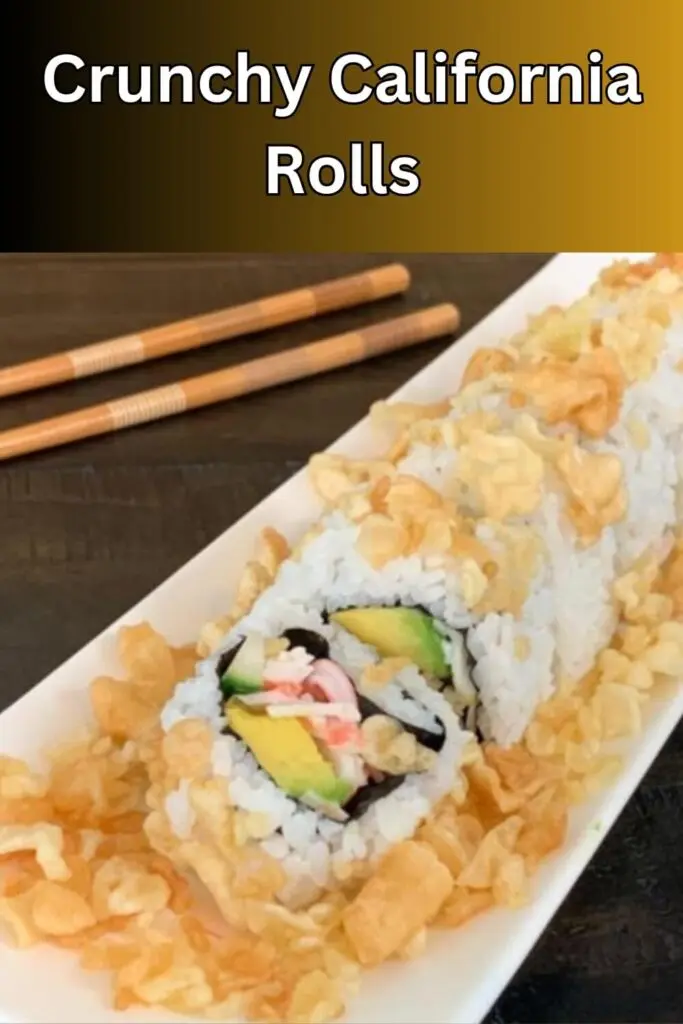 Crunchy California rolls on a white plate with chopsticks in the background.