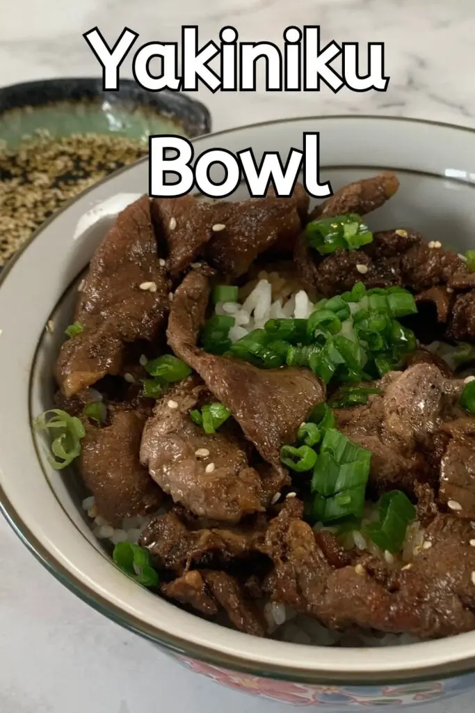 Yakiniku beef in a Japanese donburi bowl (rice bowl) with a small bowl of yakiniku sauce in the background. 