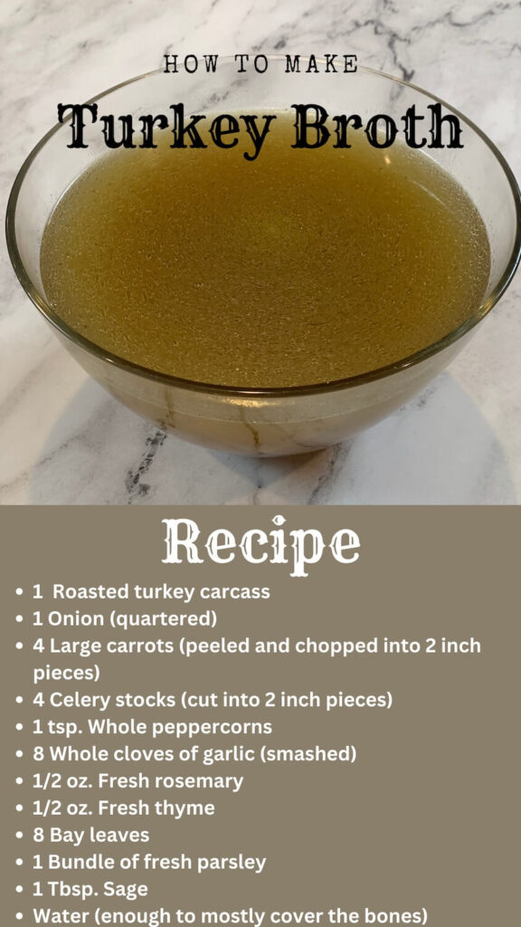 Turkey Broth in a mixing bowl vertical picture with recipe on the bottom portion.