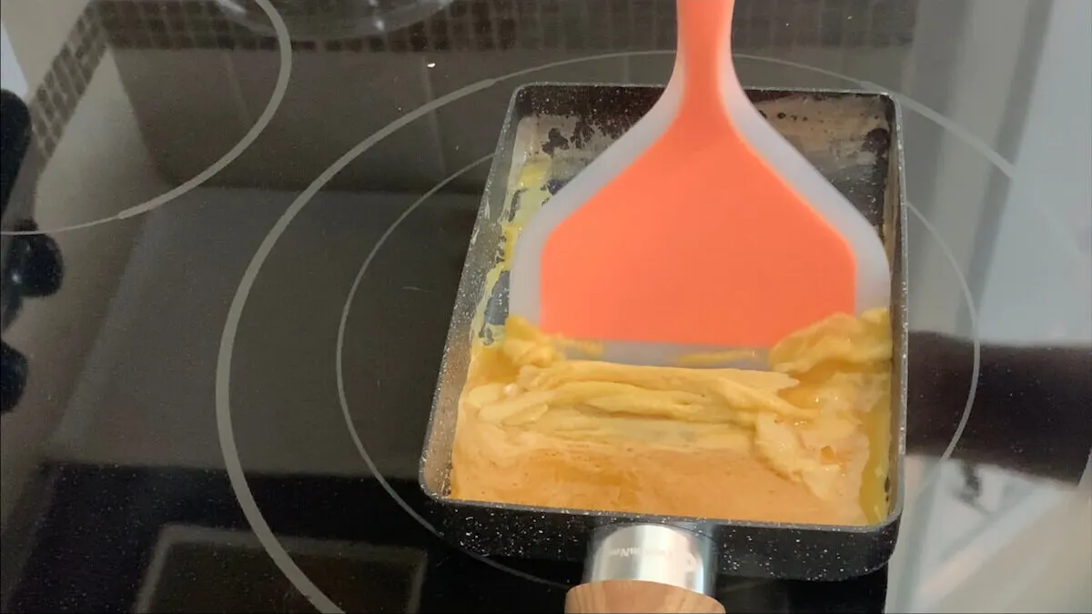 After the first layer of egg begins to cook, gently fold to one side of the pan