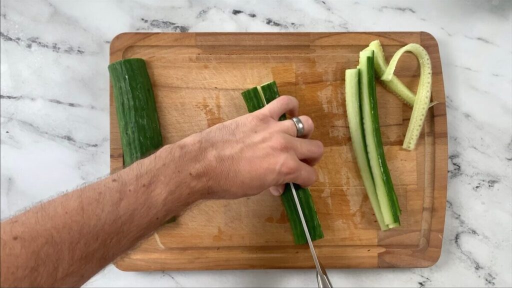 Cut the cucumber into strips to be used in the sushi