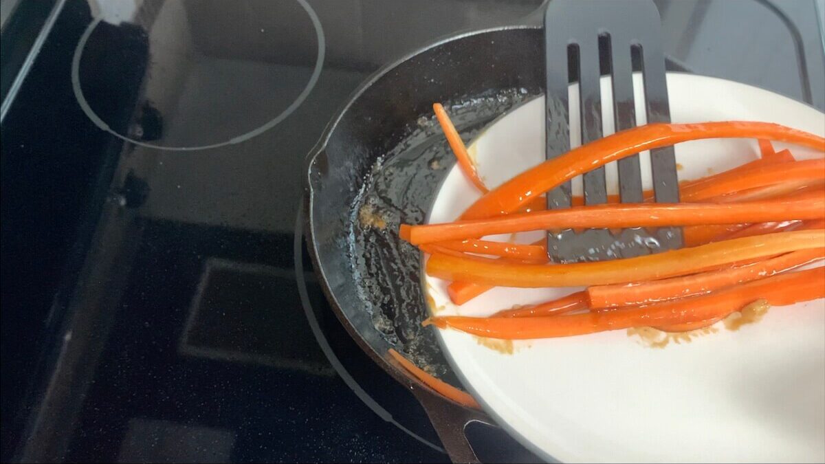 Remove carrots from the skillet and place aside until you are ready to use them in the chicken teriyaki roll.