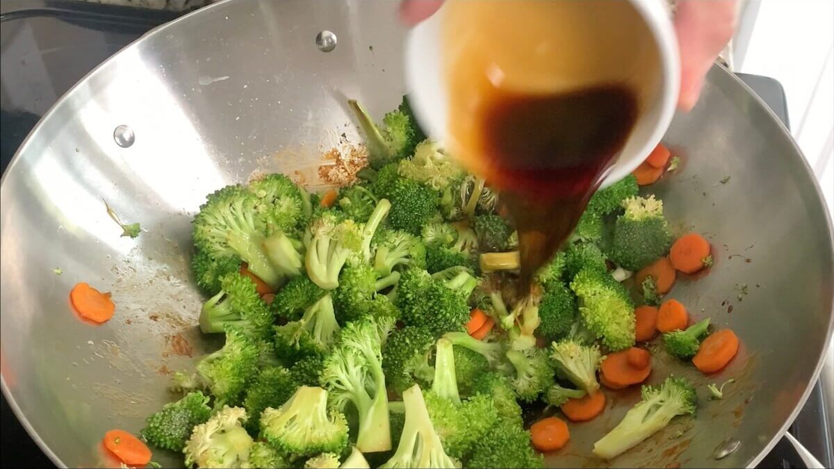 Add teriyaki sauce to the vegetables and cook together for another couple minutes.