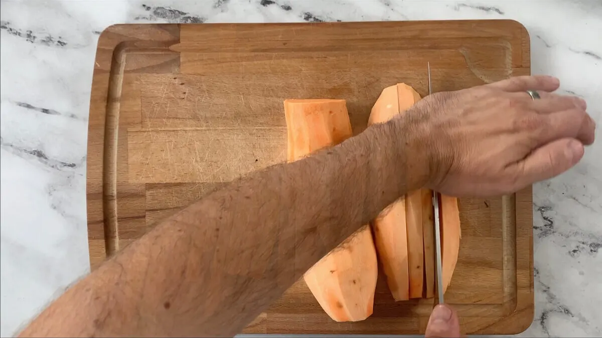 Peel and cut sweet potato into strips that are as long as your nori sheet is wide.