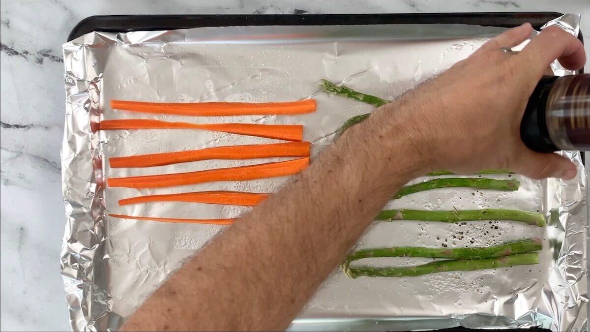 Season vegetables with garlic salt and pepper.