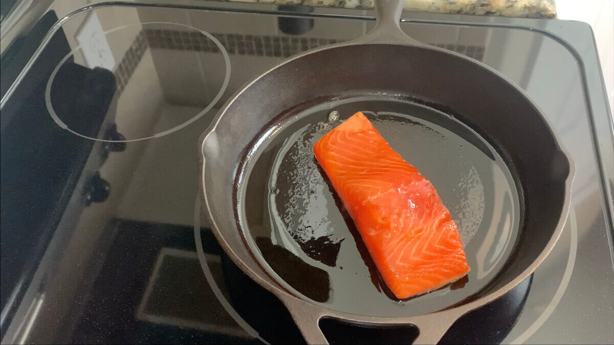 Add salmon to skillet and cook for 3-4 minutes to get a sear.