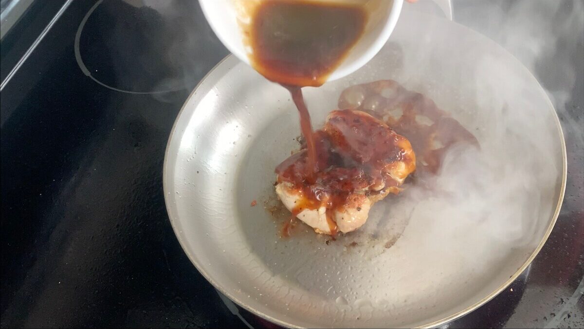 Pour teriyaki sauce onto the chicken and cook until the sauce thickens and coats the chicken.