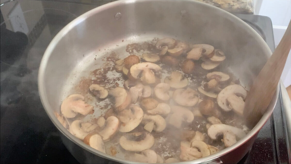 Cook mushrooms for the Boursin cheese pasta.