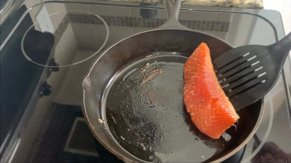 After the skin side is seared, flip the fish and cook for an additional 2 minutes or so.