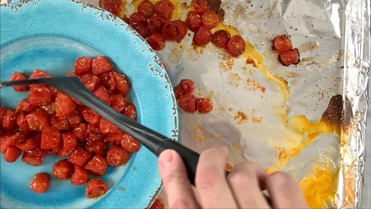 Cut cherry tomatoes in half, season with oil and salt, and roast on 425 degrees for 20 minutes.